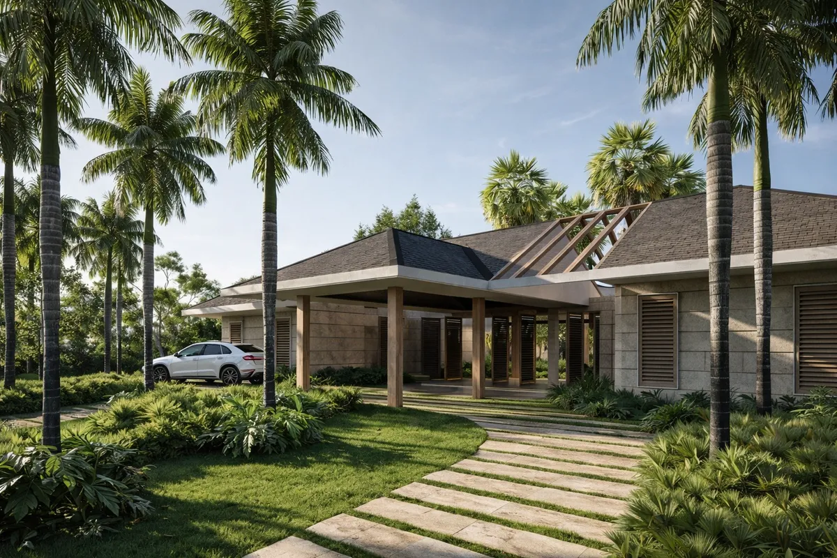 Rendering of a single-story villa with a hip roof, timber columns and louvered shutters among palm trees