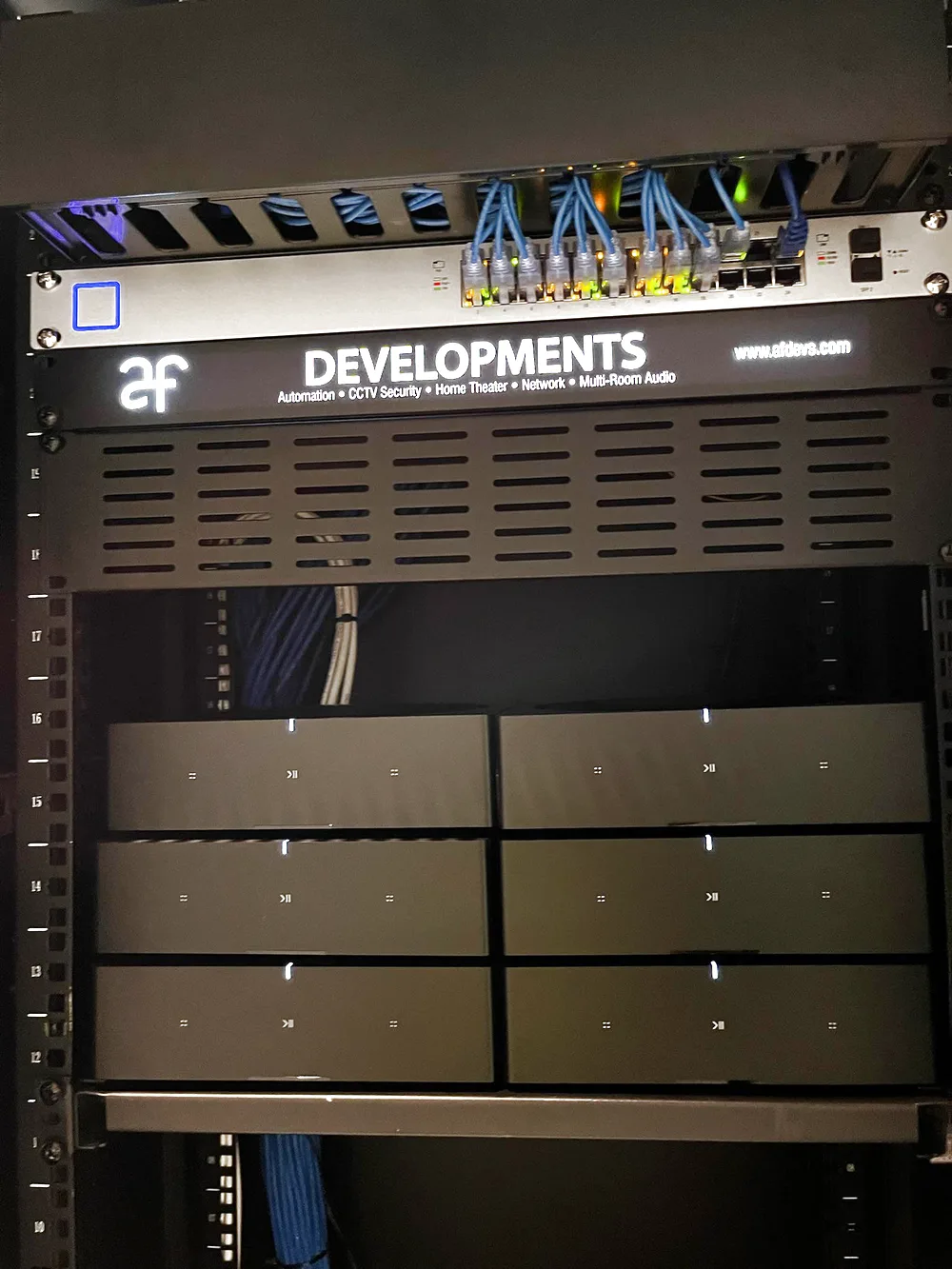 AF DEVS equipment rack with multi-zone audio amplifiers