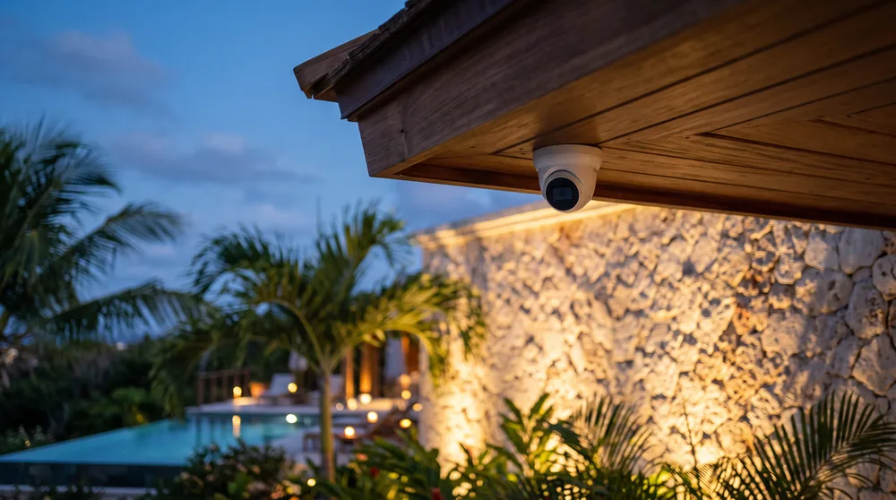 Dome security camera under a wooden eave above a lit pool terrace
